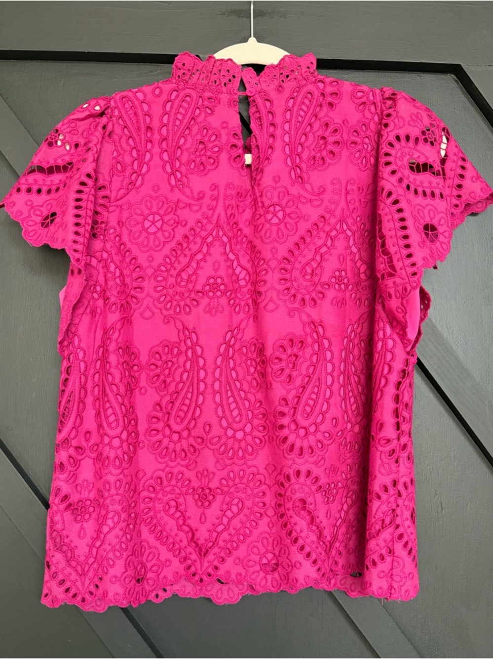 Avara Hot Pink Eyelet Lace Ruffle Sleeve Top, Size Medium - Picture 5 of 8